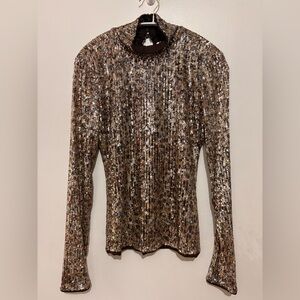 Jonathan Simkhai Metallic Sequin Ribbed Long-Sleeve Top - SZ SMALL